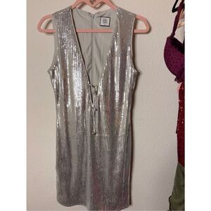 RNWY Silver Sequin Deep V Mini Dress